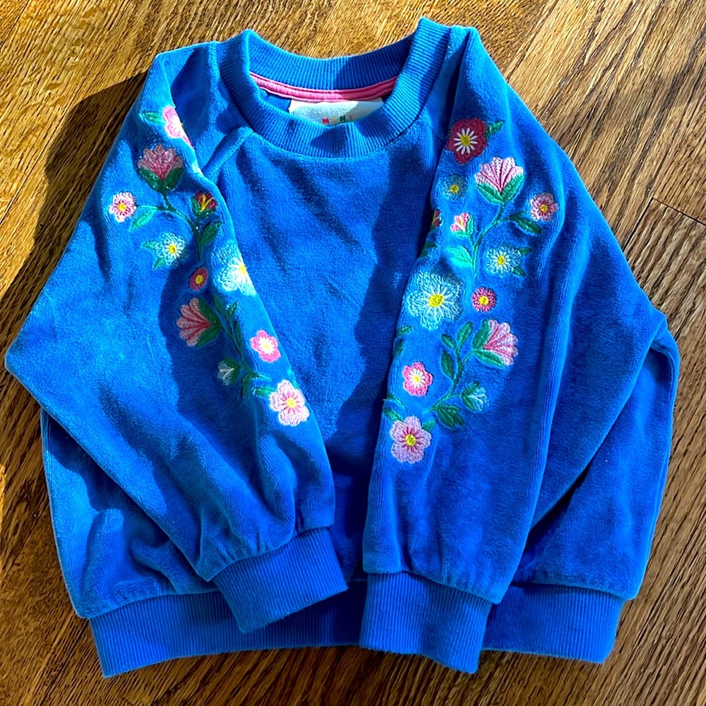 Mini Boden Embroidered velour sweater sweatshirt Delft blue flowers 2-3Y